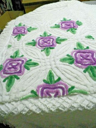 Vintage Plush Lilac Floral Chenille Bedspread Quilting Craft Fabric A 1655