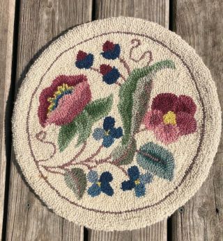 Vintage Hand Made Wool Hooked Rug Seat Chair Pad Cushion Pink Floral 15 " Round
