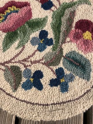 Vintage Hand Made Wool Hooked Rug Seat Chair Pad Cushion Pink Floral 15 