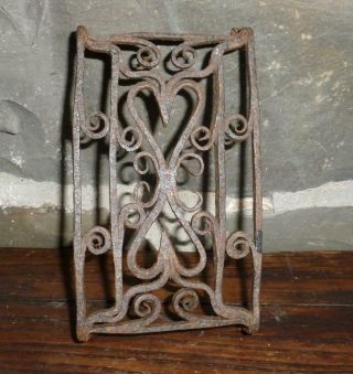 Best 18th C Antique American Wrought Iron Trivet With Heart Decorations Rare
