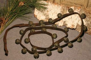 26 Antique Brass Sleigh Bells On Leather Strap / Sled