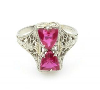 Vintage 14k White Gold And Pinkish Red Triangular Ruby Ring Size 4.  25 873b - 10