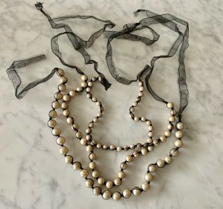 Rare Lanvin 3 - Strand Faux Pearls In Black Tulle Necklace