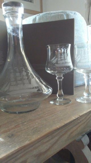 Vintage Clipper Sailing Ship Schooner Etched Crystal Decanter Set 6 Glasses