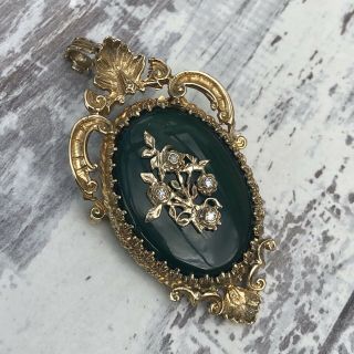 1970s Vintage Oval 9ct Gold,  Green Onyx,  Diamond Pendant And Brooch - 19g