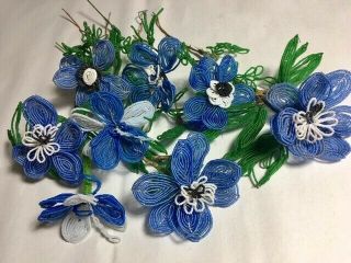 Vintage Hand - Made French Glass Beaded Flowers Blue Flowers 8 Stems