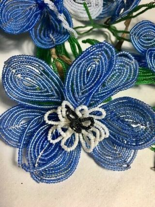 VINTAGE Hand - made French Glass BEADED FLOWERS Blue Flowers 8 stems 2