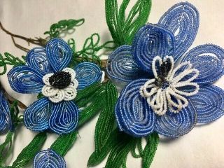 VINTAGE Hand - made French Glass BEADED FLOWERS Blue Flowers 8 stems 3