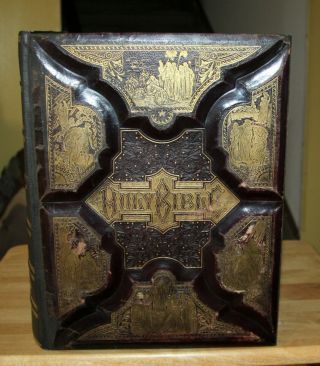1888 Antique Huge Leather Family Holy Bible Completely Rebound