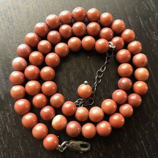 Vintage Chinese Carved Coral Stone Beaded Necklace Silver 925 Clasp Art Nr