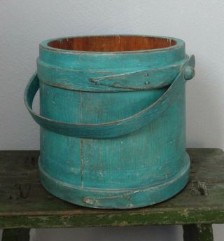 8 1/2 " Antique Firkin - Wooden Sugar Bucket - Blue Paint - Shaker Pantry Box - Primitive