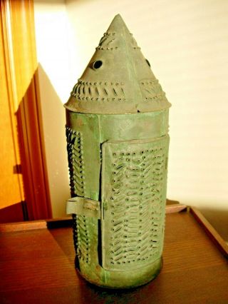 Vintage Antique Punched Pierced Tin Barn Candle Lantern In Old Green Paint