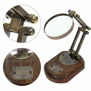 Vintage Table Top Brass Magnifying Glass Wood Base Desktop Magnifier Fold & Adst