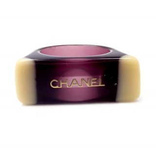Vintage Chanel France Costume Purple Plastic Ivory Logo Ring Sz 6.  5