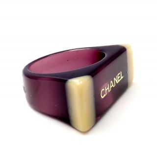Vintage Chanel France Costume Purple Plastic Ivory Logo Ring Sz 6.  5 2