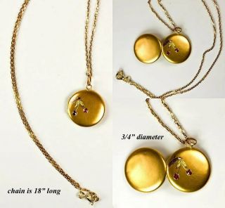 Antique 18k Gold Chain 14k Gold Locket With Ruby Set As Cherries,  Enamel Leaves