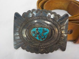 Vintage Silver Navajo Old Pawn Turquoise Belt Buckle And Tooled Leather Belt