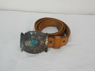 Vintage Silver Navajo Old Pawn Turquoise Belt Buckle and Tooled Leather Belt 2