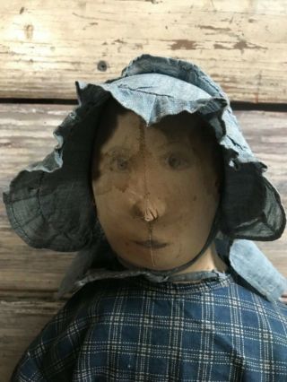 Aafa Early Primitive Prairie Folky Cloth Rag Doll Blue Textile Hard Stuffed