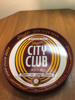 Vtg City Club Mellow Dry Brew Beer Tin Sign Tray Canco Jacob Schmidt
