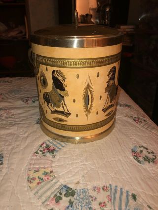 Vintage Mid Century Ice Bucket,  8 Glasses Fred Press Trojan Horse Gold Cocktail