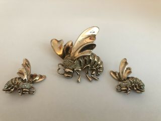 Vintage Rare Reja Sterling Silver Rhinestone Bumble Bee Brooch Pin Earrings Set