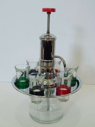 Vtg Mcm Chrome Bakelite Glass Liquor Pump Dispenser 6 Shot Glasses Blade Runner