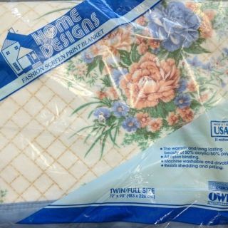 Vintage Nos Thermal Blanket Twin Full Acrylic Polyester Pink Roses Print Blue