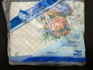 Vintage NOS Thermal Blanket Twin Full Acrylic Polyester Pink Roses Print Blue 2