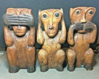 Vtg Set 3 Carved Wood Wise Monkeys [see - Hear - Speak No Evil] 10” H Figurines