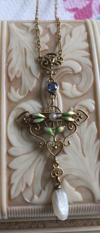 Art Nouveau 14k Guilloche Enamel Filigree Krementz Pearl Sapphire Necklace