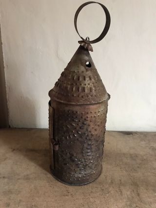 Old Paul Revere Punched Tin Hanging Candle Lantern Lighting Aafa Patina