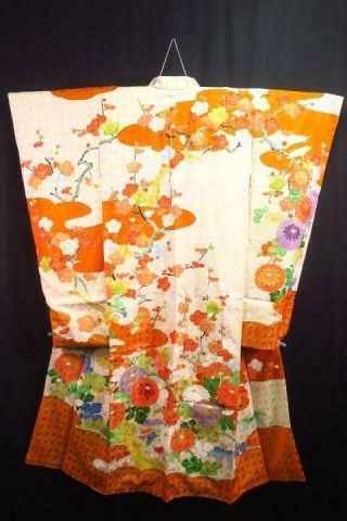 14v17846 Silk Vintage Tall Wide Japanese Kimono Furisode Dress Plum Blossom