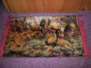 Vintage Arabian Lion Hunt Horses Velvet Tapestry Wall Hanging Art Rug Mid East