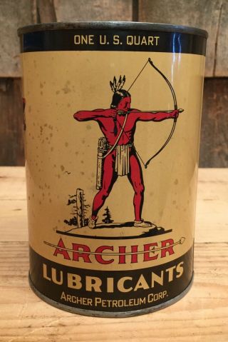 Vintage Indian Archer Lubricants Motor Oil 1 Qt Tin Can Auto Gas Service Station