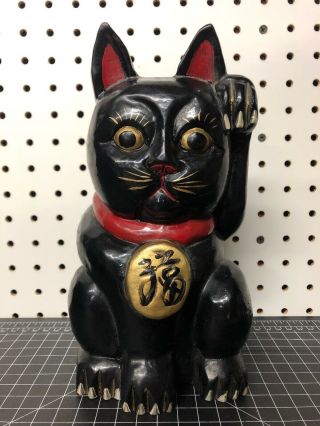 Wood Lucky Cat Japanese Maneki Neko Left Hand Carved Painted 9.  5” Vintage