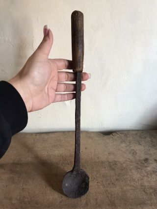 Long Early Antique Hand Forged Iron & Wood Hearth Cooking Spoon Patina Aafa