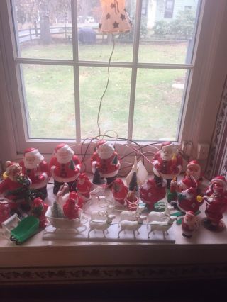 Vintage Hard Plastic Christmas Santa Lights (irwin?) And Figures And Angel
