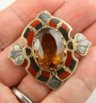 Large Boxed Antique Victorian C 1870 9 Ct Gold Scottish Agate Brooch Pin