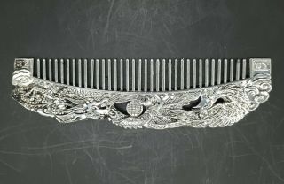 Ancient Hand Carved Chinese Dragon And Phoenix Tibetan Silver Comb A6007