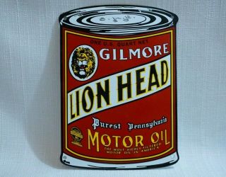 Vintage Gilmore Lion Head Can Porcelain Sign Gas Motor Oil Station Pump Rare