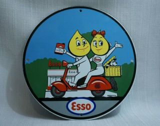 Vintage Esso Porcelain Sign Drop Boy Girl Gas Oil Service Station Pump Scooter