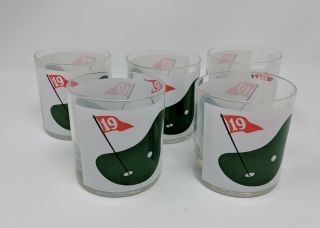Set Of 5 Vintage 1960’s Morgan,  19th Hole Golf On The Rocks Glasses Barware