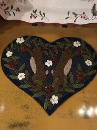 Antique Primitive Old Country Wool Applique Rabbit Bunny Heart Table Mat