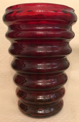 Vintage Mid - Century Blown Heavy Ruby Red Glass Pontil Mark Vase 8 1/2” X 5 5/8”