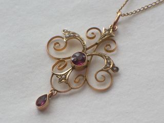 Edwardian Antique 9ct Gold Purple Garnet Seed Pearl Pendant & Chain