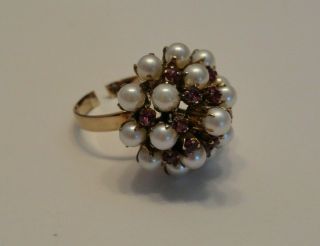 Vintage 14k Yellow Gold Pearl & Ruby? Cluster Cocktail Ring,  As - Is (band Is Cut)