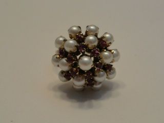 Vintage 14K Yellow Gold Pearl & Ruby? Cluster Cocktail Ring,  AS - IS (Band is Cut) 2