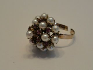 Vintage 14K Yellow Gold Pearl & Ruby? Cluster Cocktail Ring,  AS - IS (Band is Cut) 3