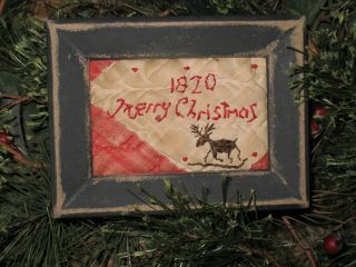 Primitive tiny Sampler 1820 Merry Christmas Reindeer Early Quilt Folk Art 3